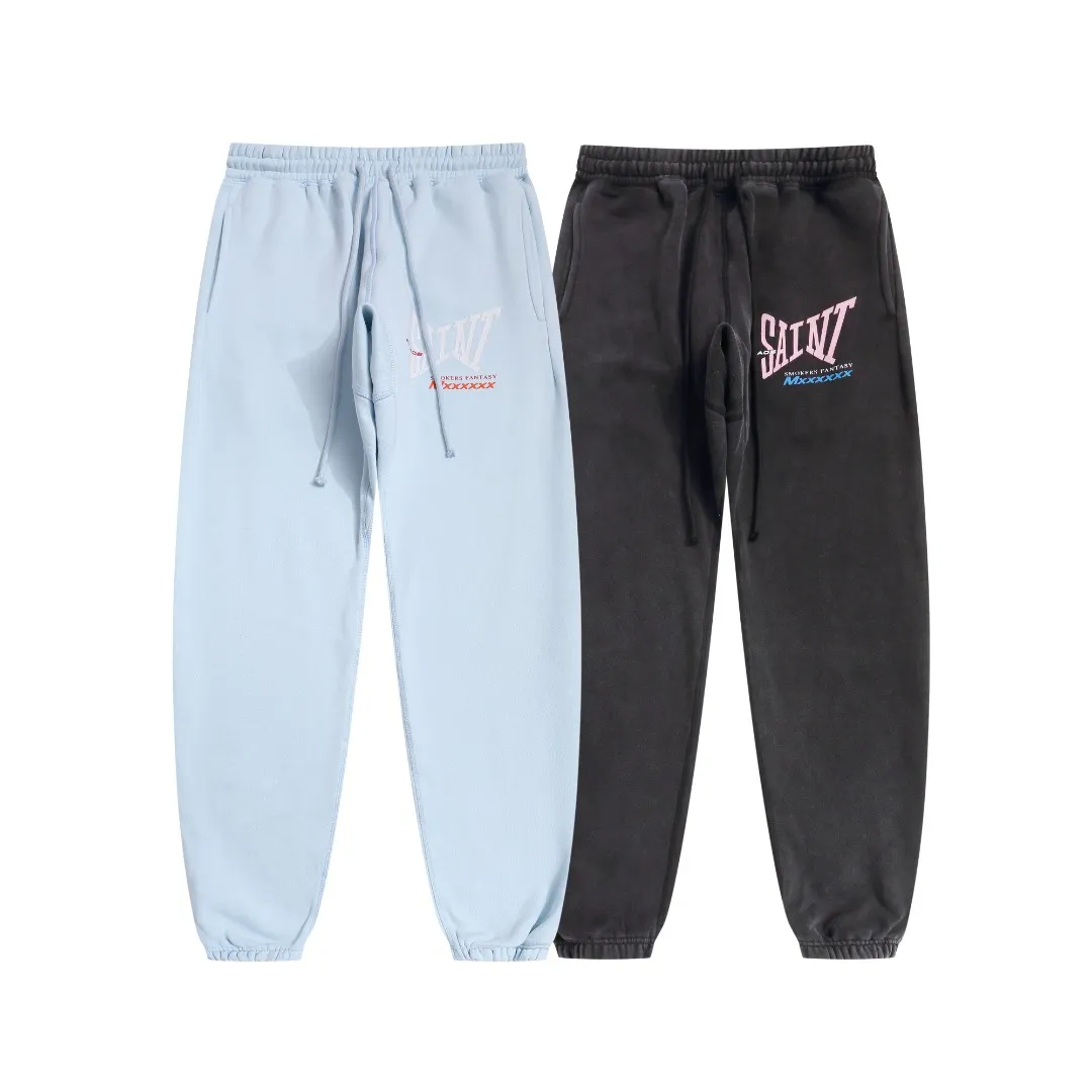 Stylish Saint Michael "SMOKERS FANTASY" letter print washed distressed lace-up loose-fitting velvet sweatpants Style number: SM639 Size: S-M-L-XL Color: black-light blue Price: P236